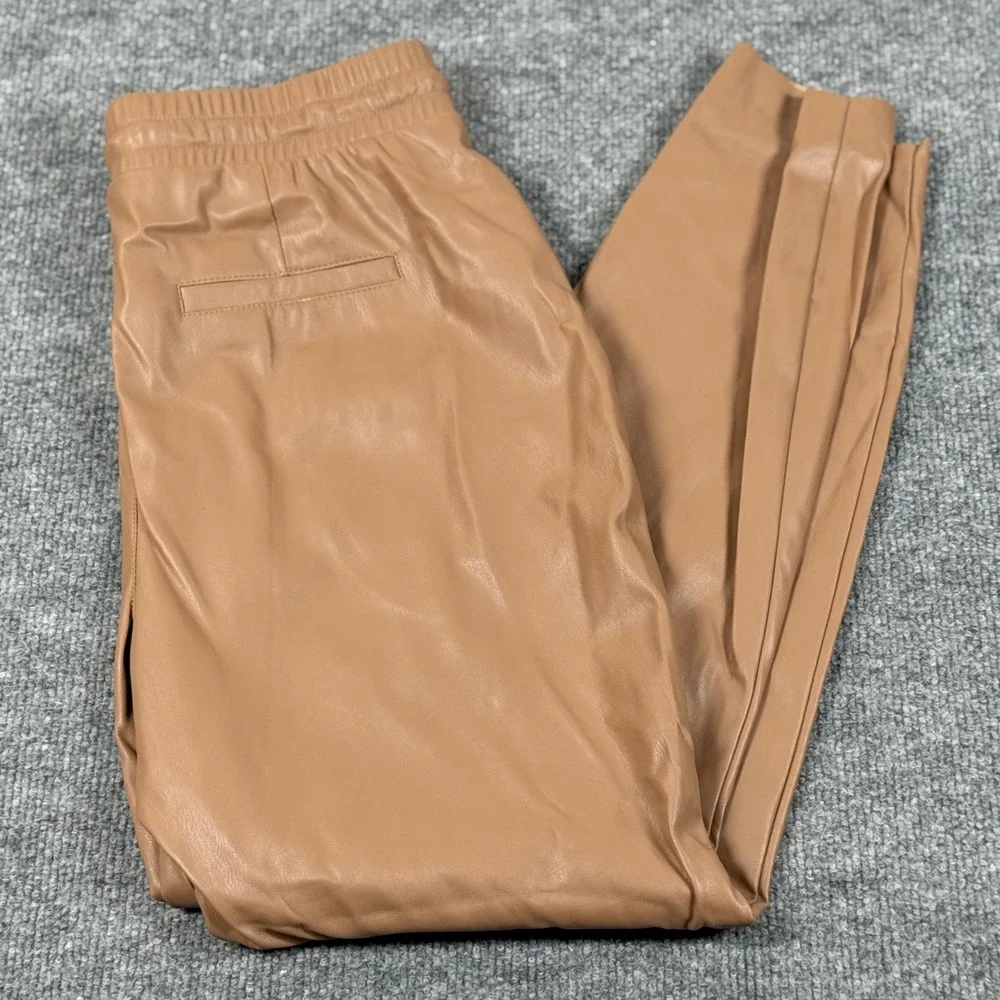 Pull‎ On Chic Faux Vegan Leather Jogger Pants Small Taupe Drawstring Waist Fall
